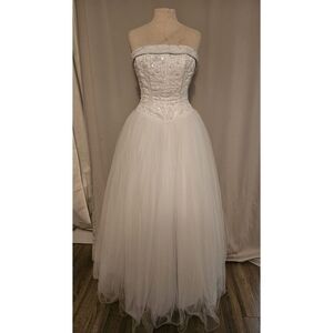 David's Bridal Strapless Beaded Corset Tulle Gown in White